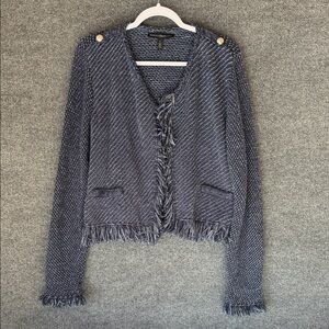 White House Black Market Navy/Stone Washed Blue Knit Fringed Cardigan L